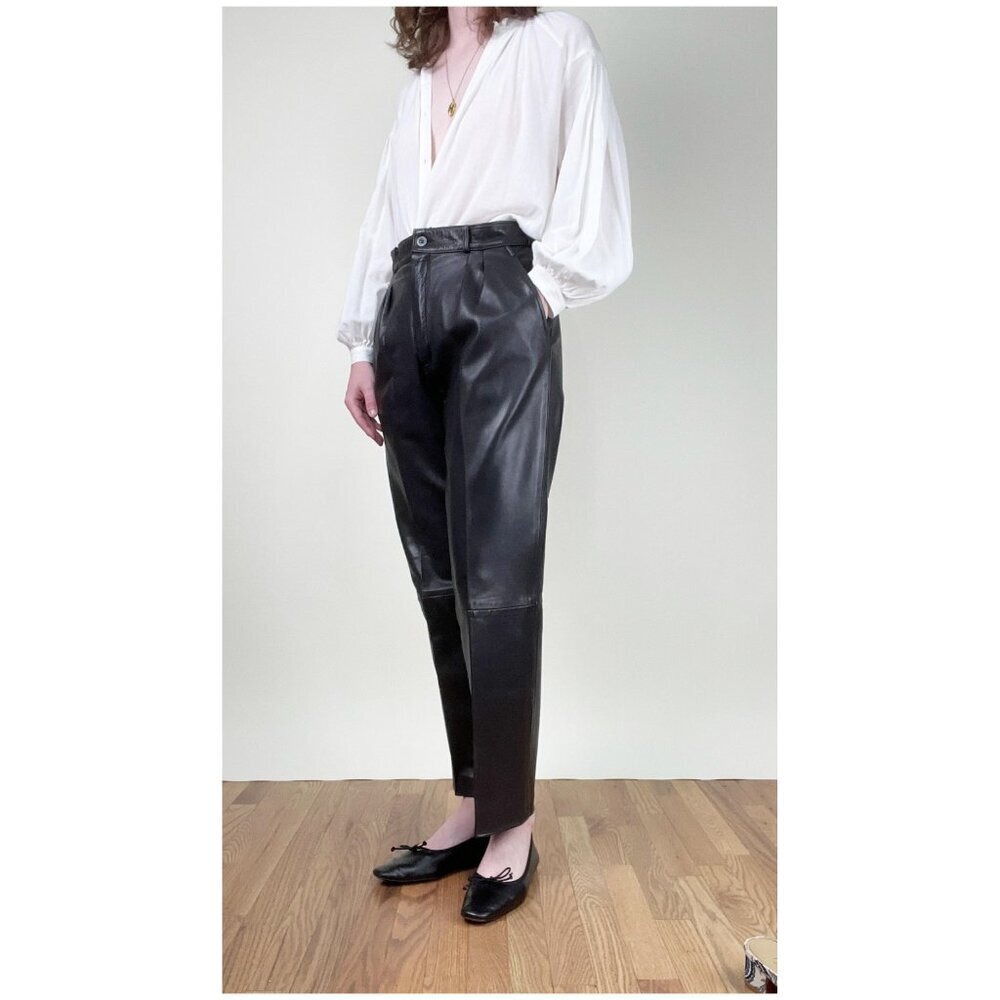 100% Leather Holt Renfrew Trouser Pants Pleated Straight Leg Old Money Luxury - Picture 3 of 7